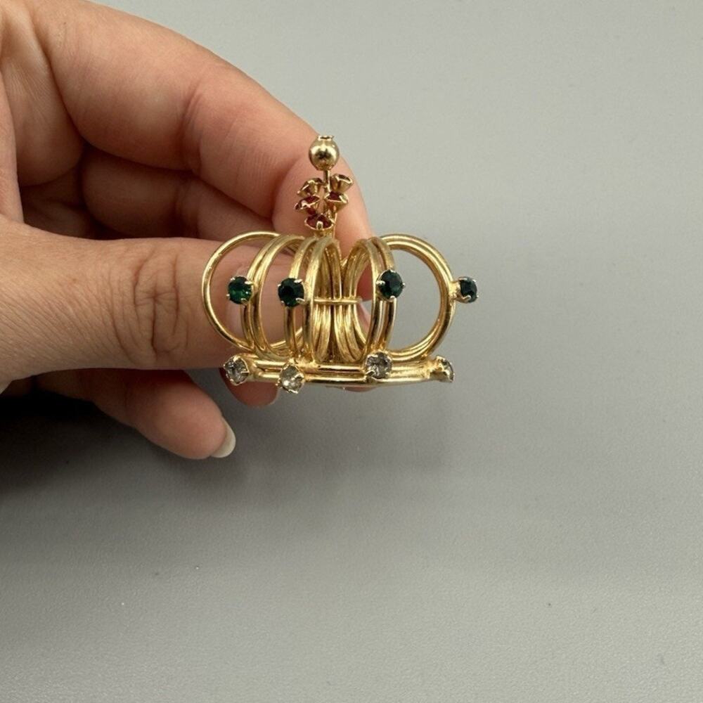 Vintage Crown Brooch Gold Tone 3D Wire Red Green Clear Rhinestone Royal Openwork